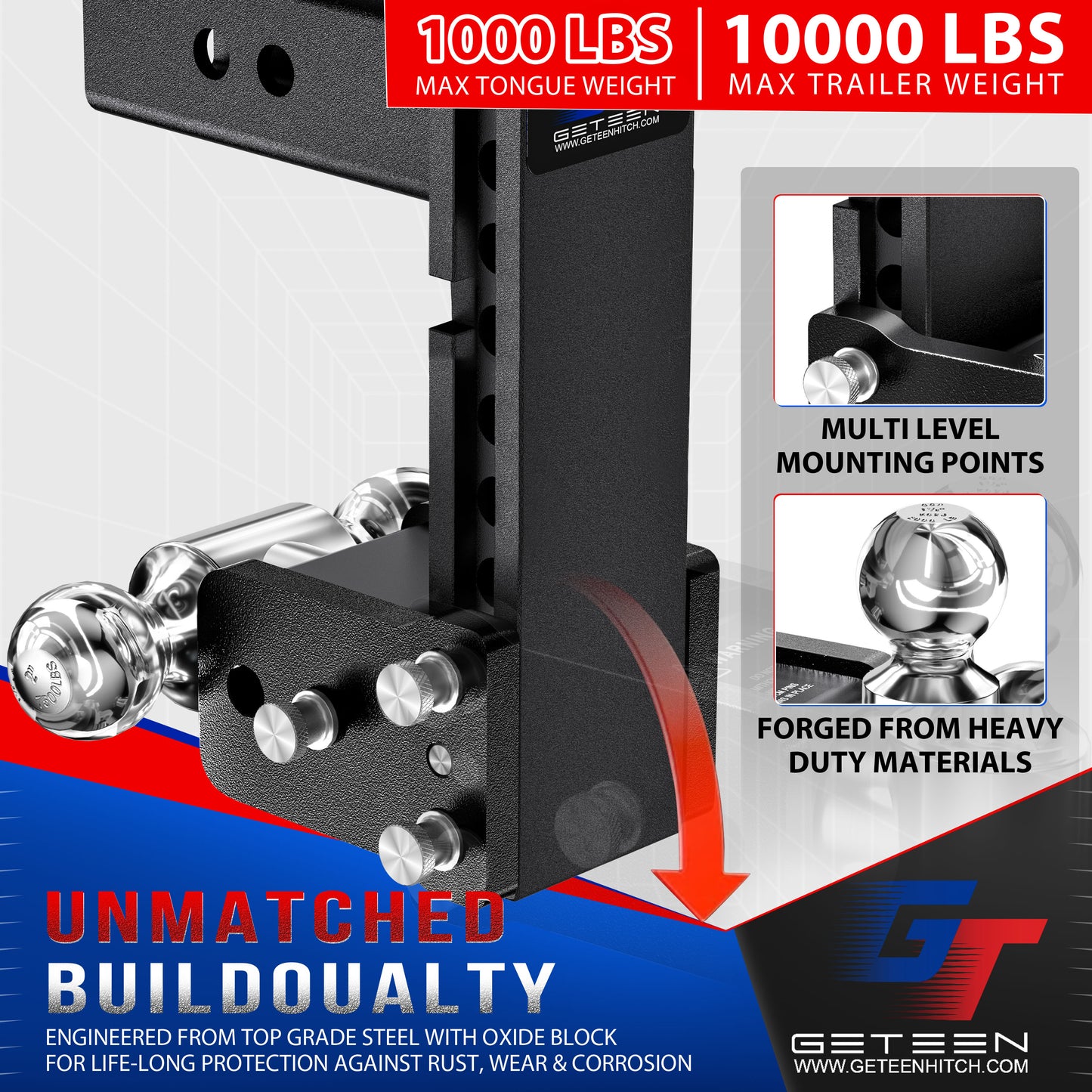 GETEEN Trailer Hitches, Adjustable Trailer Hitch Ball Mount - Fits 2" Receiver, Dual Ball (2" x 2-5/16"), 7" Drop, 10,000 GTW - GT20072B