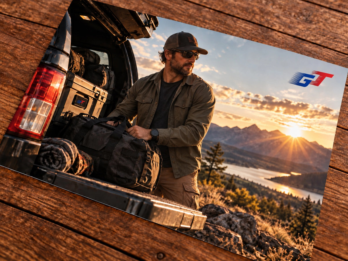 A rectangular printed poster or art print lying on a wooden surface, showing a man loading a black gear bag from the back of a truck outdoors at sunset with mountains and a lake in the background. The print has a small GT logo in the top-right corner.