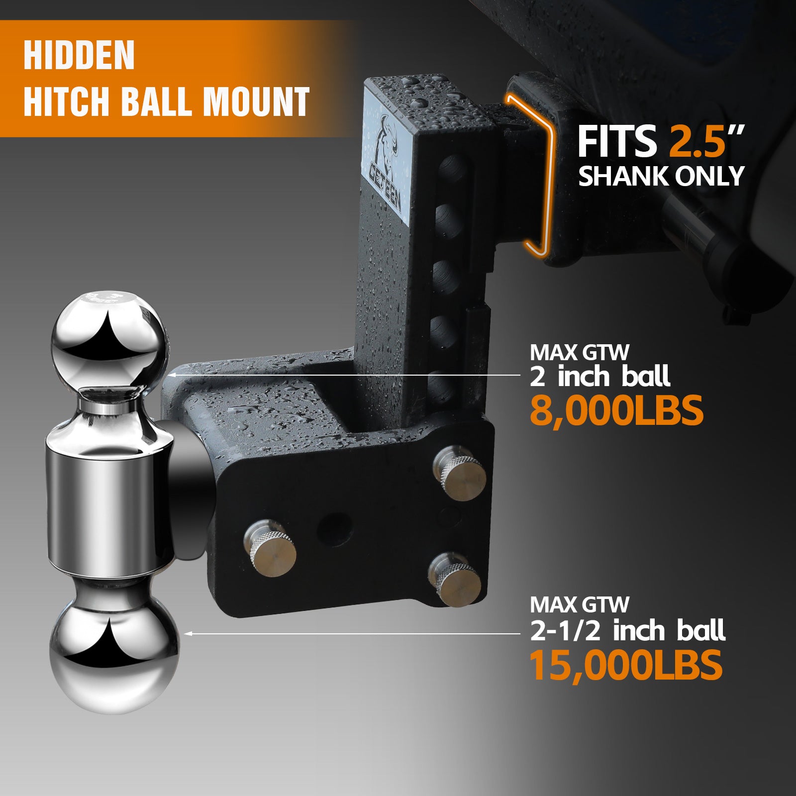 GETEEN Trailer Hitches, Adjustable Trailer Hitch Ball Mount - Fits 2.5" Receiver, Dual Ball (2" x 2-5/16"), 5" Drop, 18,000 GTW - GT25052B