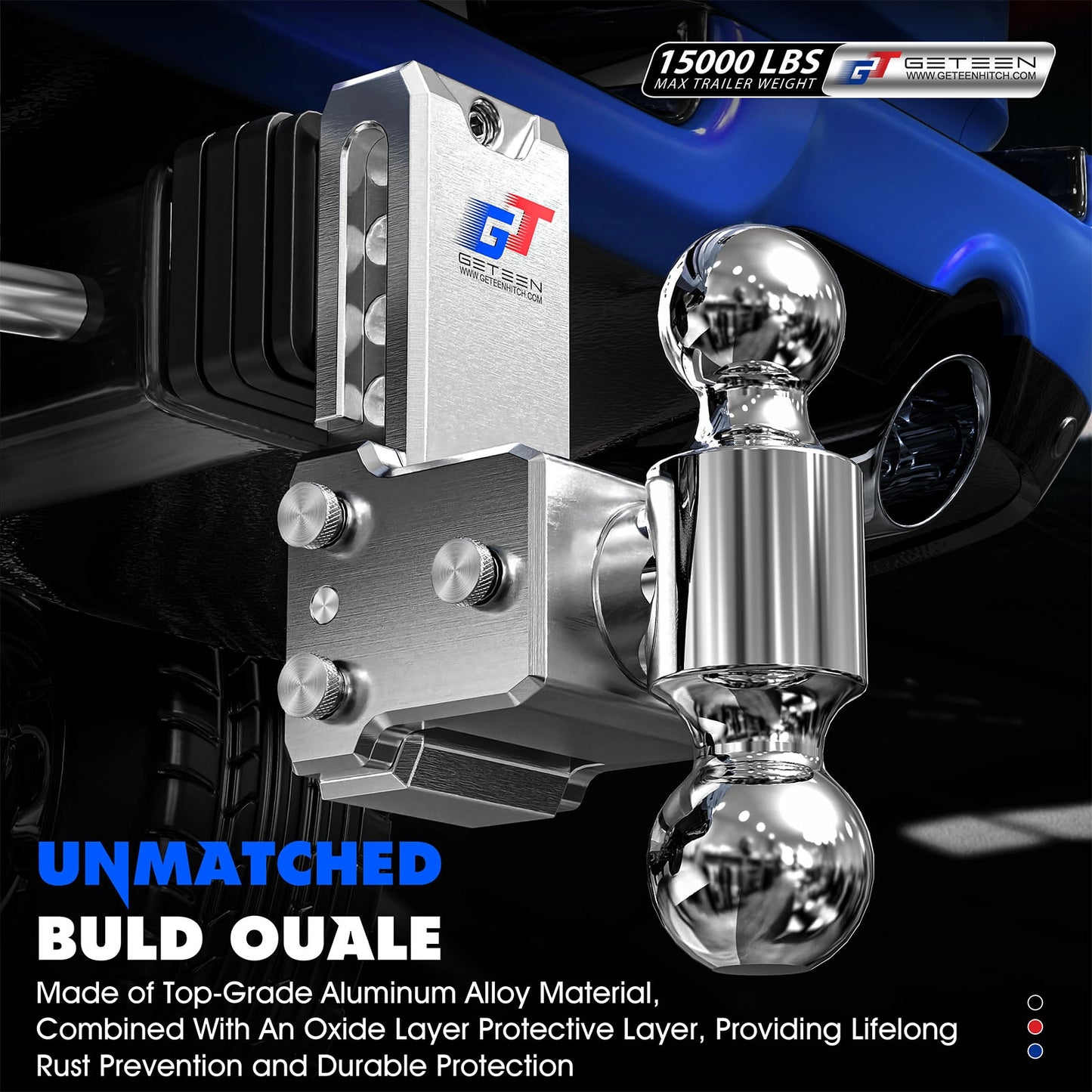 GETEEN Aluminum Adjustable Drop Hitch, 2.5" Receiver, Dual Ball, 5" Drop/Rise, 15,000 lbs