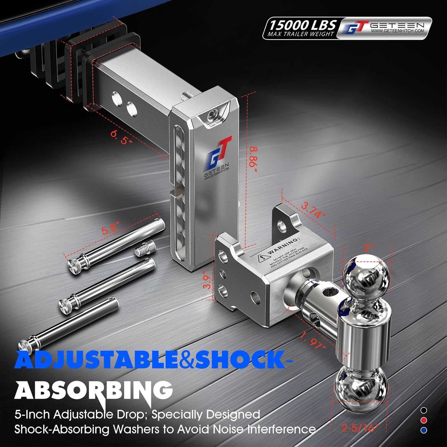 GETEEN Aluminum Adjustable Drop Hitch, 2.5" Receiver, Dual Ball, 5" Drop/Rise, 15,000 lbs
