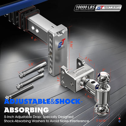 GETEEN Aluminum Adjustable Drop Hitch, 2" Receiver, Dual Ball, 5" Drop/Rise, 10,000 lbs