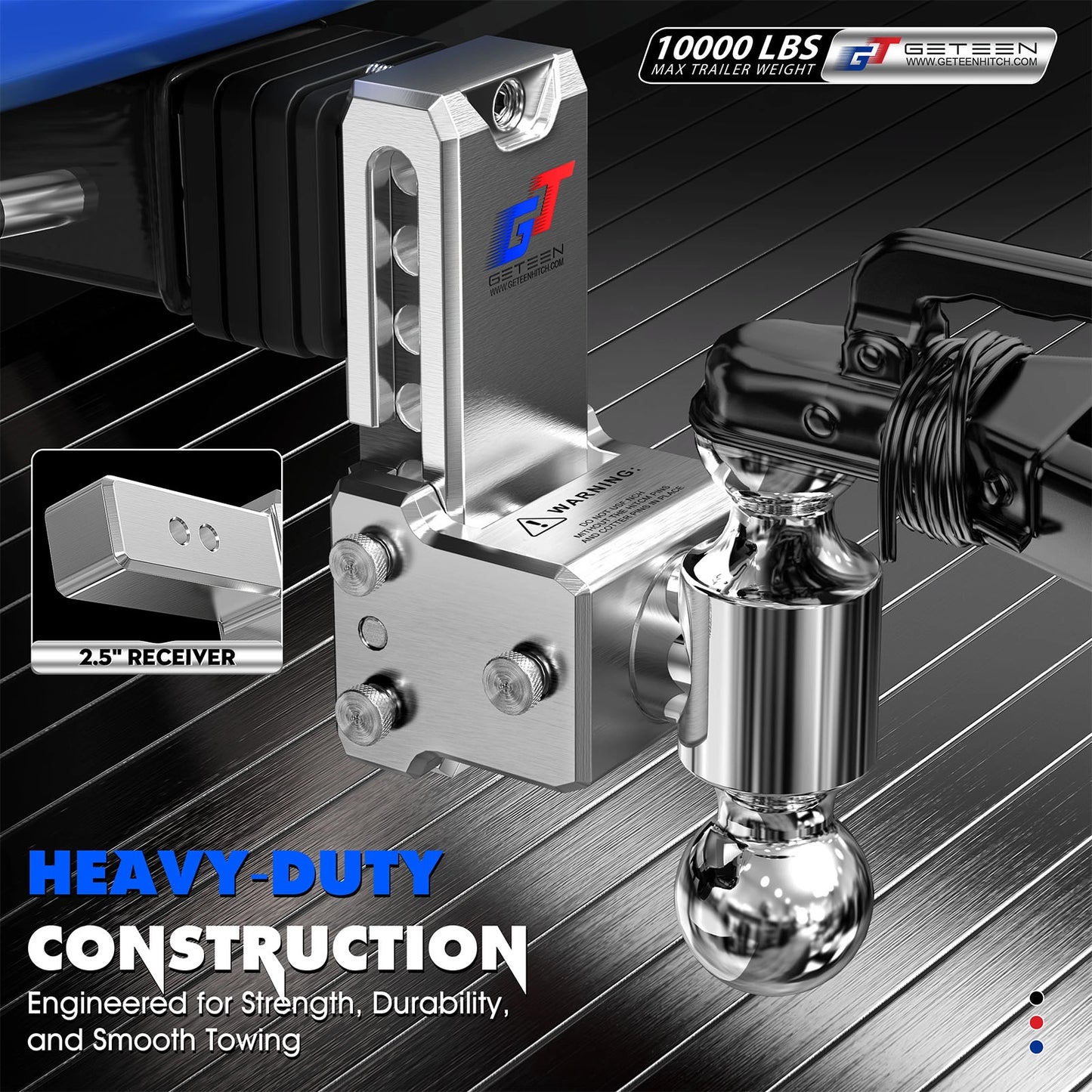 GETEEN Aluminum Adjustable Drop Hitch, 2" Receiver, Dual Ball, 5" Drop/Rise, 10,000 lbs