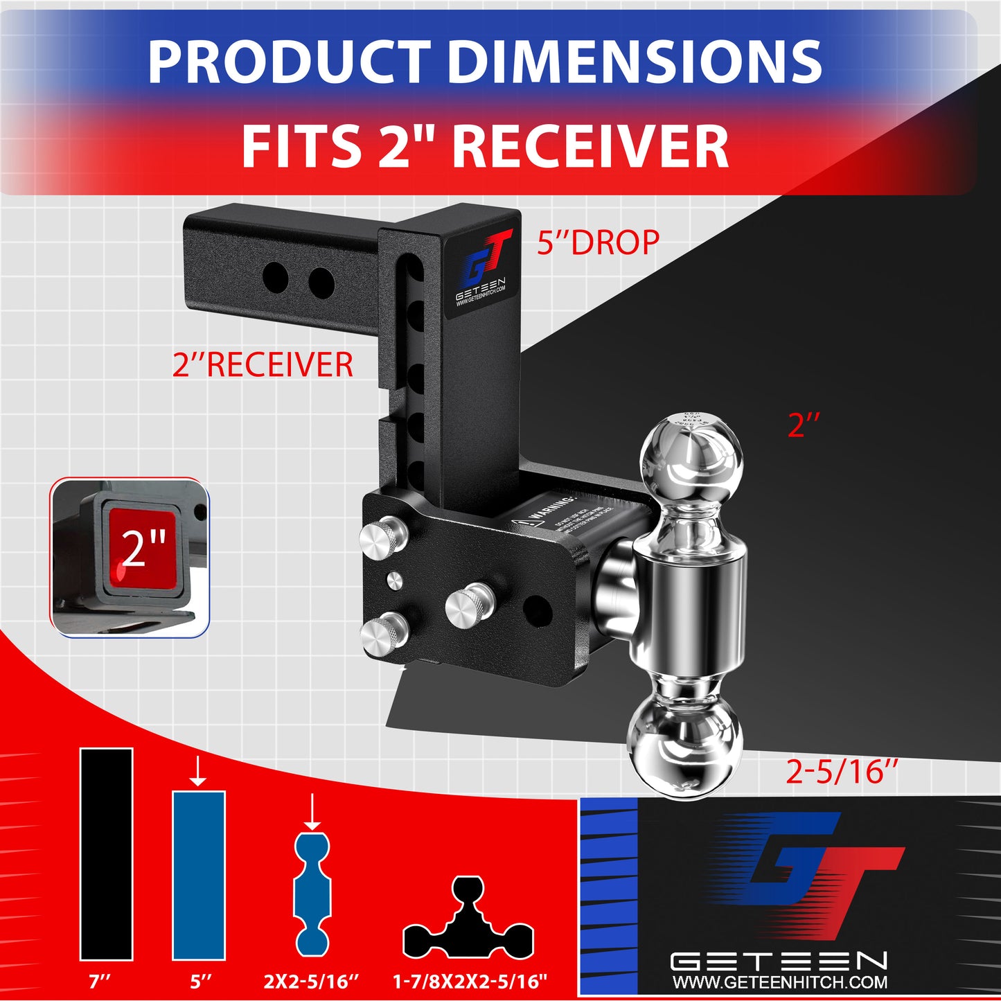 GETEEN Adjustable Drop Hitch, 2" Receiver, Dual Ball, 5" Drop, 10,000 lbs