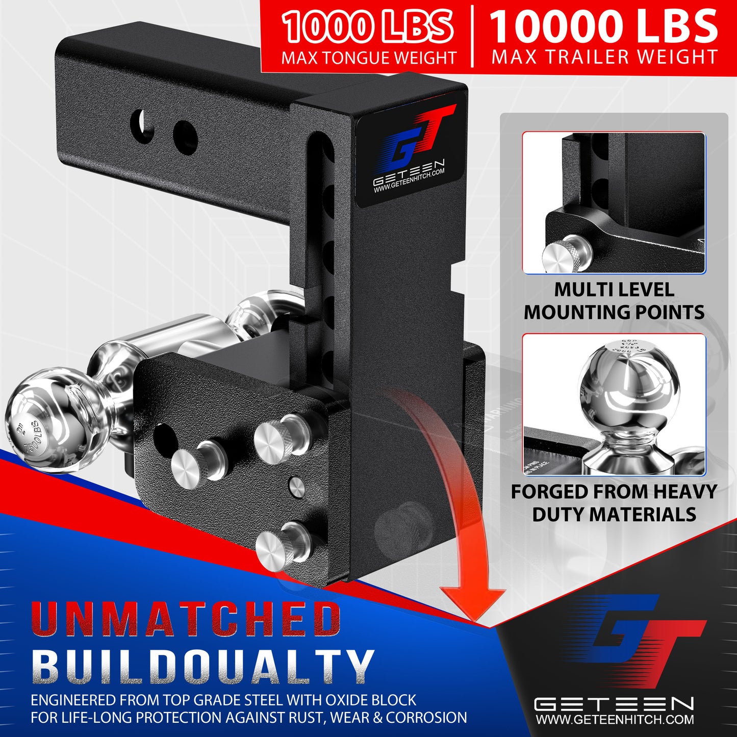 GETEEN Adjustable Drop Hitch, 2" Receiver, Dual Ball, 5" Drop, 10,000 lbs