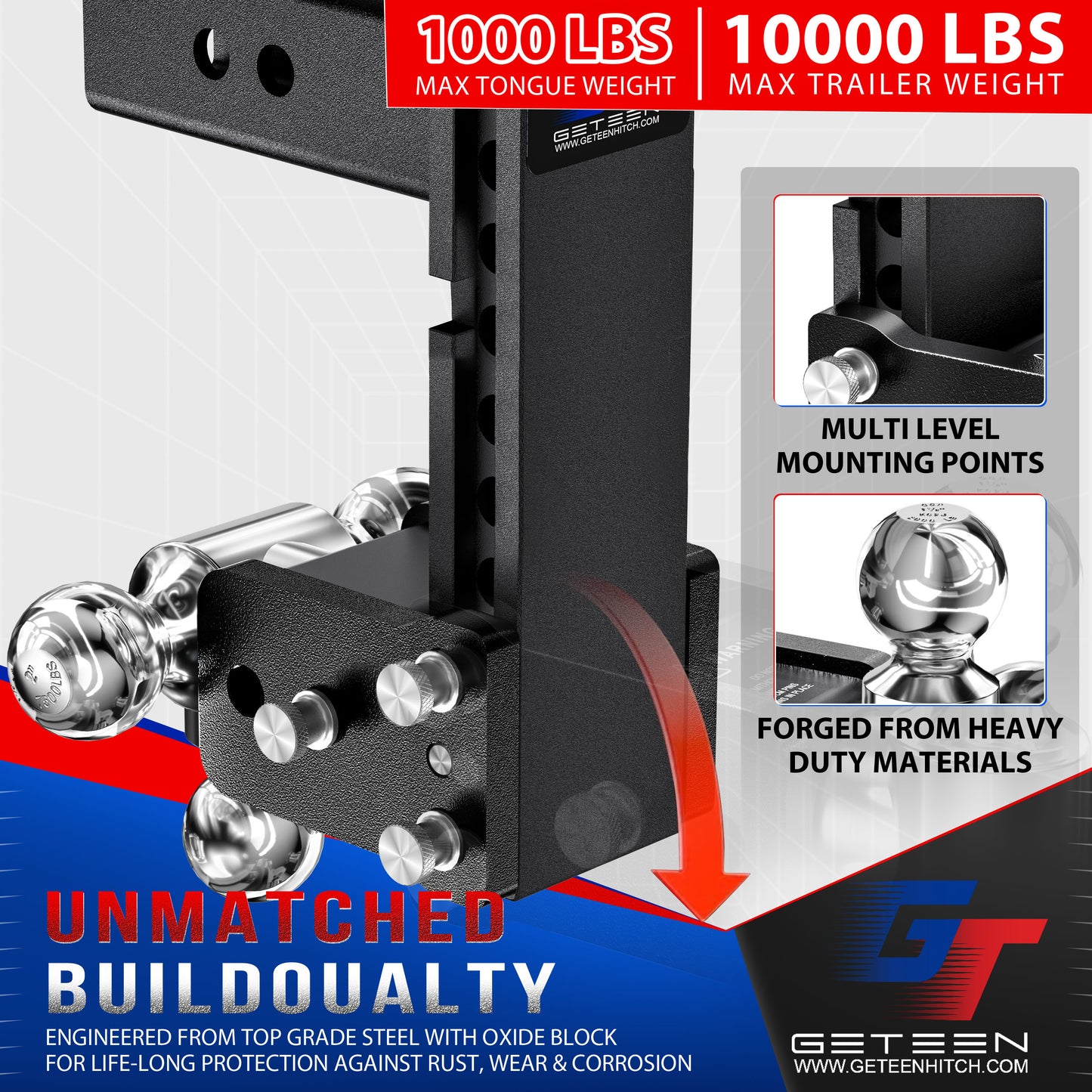 GETEEN Trailer Hitches, Adjustable Trailer Hitch Ball Mount - Fits 2" Receiver, Tri-Ball (1-7/8" x 2" x 2-5/16"), 7" Drop, 10,000 GTW - GT20073B