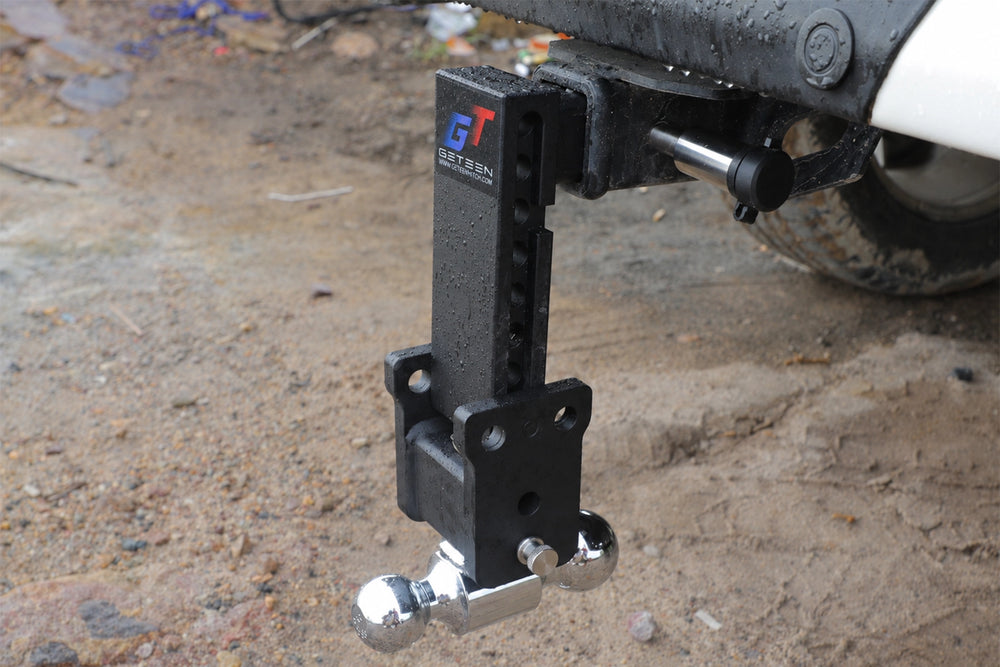 GETEEN dual-ball adjustable hitch with heavy-duty steel construction for towing boats, campers, utility trailers, and equipment trailers.