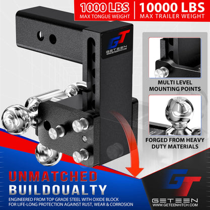 GETEEN Adjustable Drop Hitch, 2" Receiver, Tri-Ball, 5" Drop, 10,000 lbs