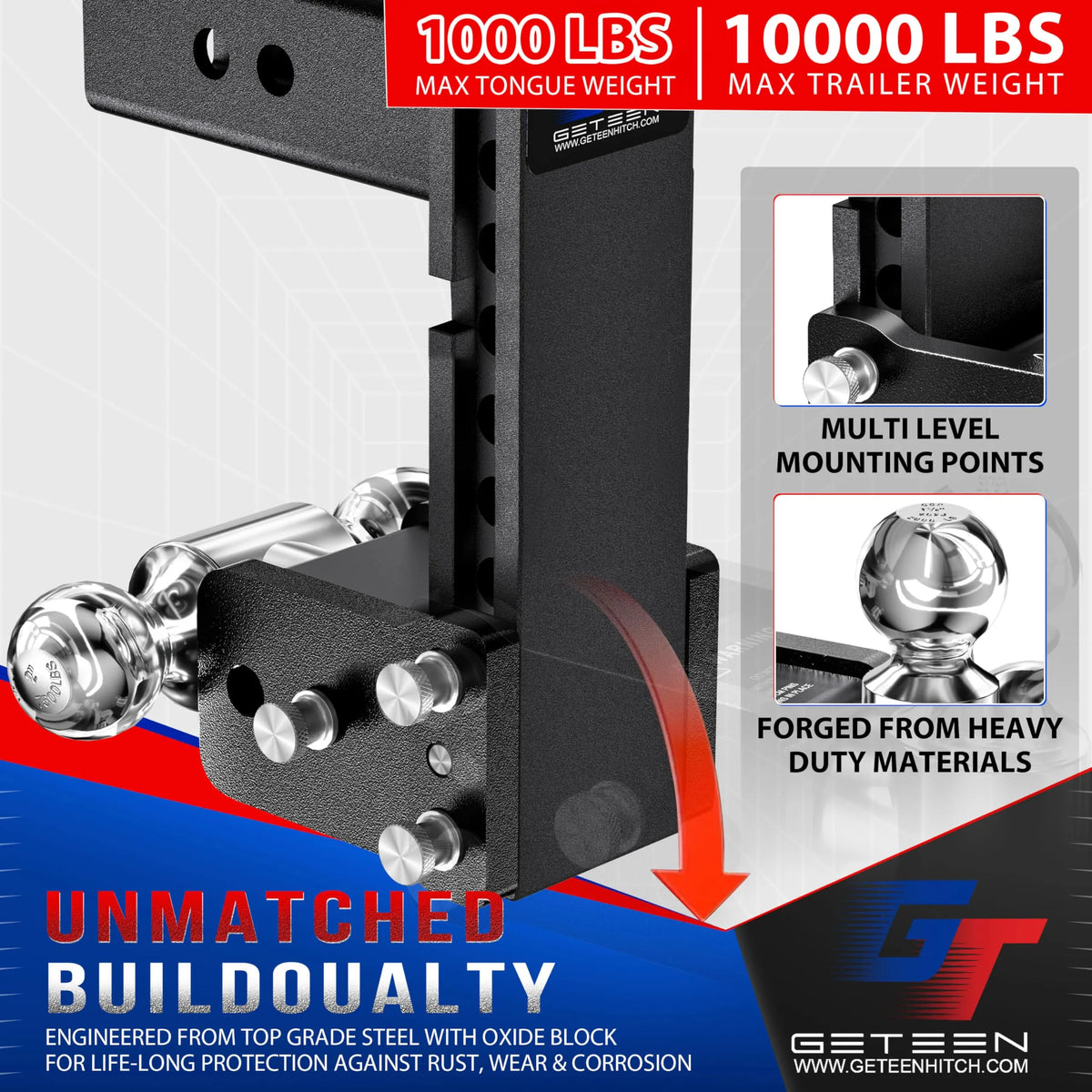 GETEEN Adjustable Drop Hitch, 2" Receiver, Dual Ball, 7" Drop, 10,000 lbs