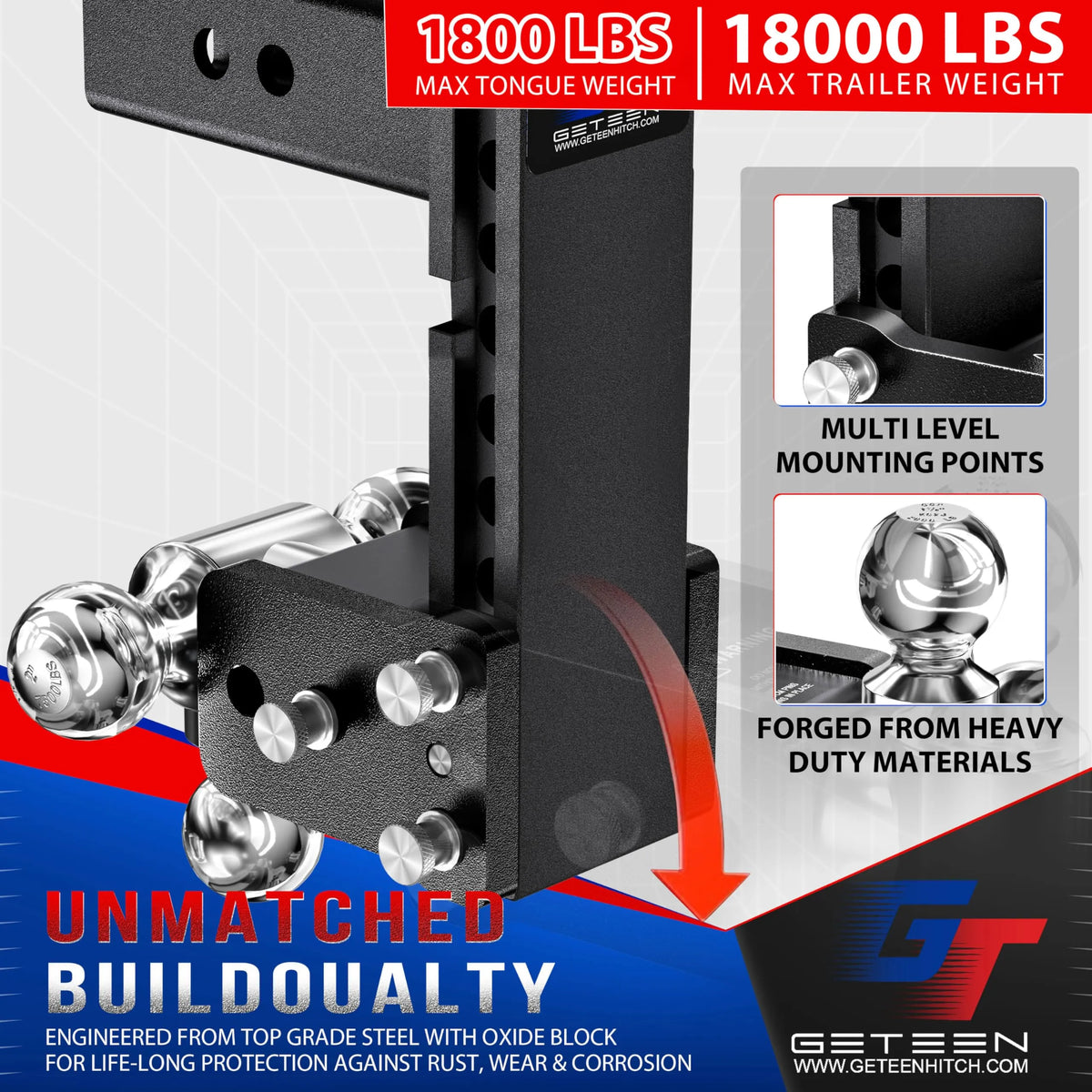 GETEEN Adjustable Drop Hitch, 2.5" Receiver, Tri-Ball, 7" Drop, 18,000 lbs
