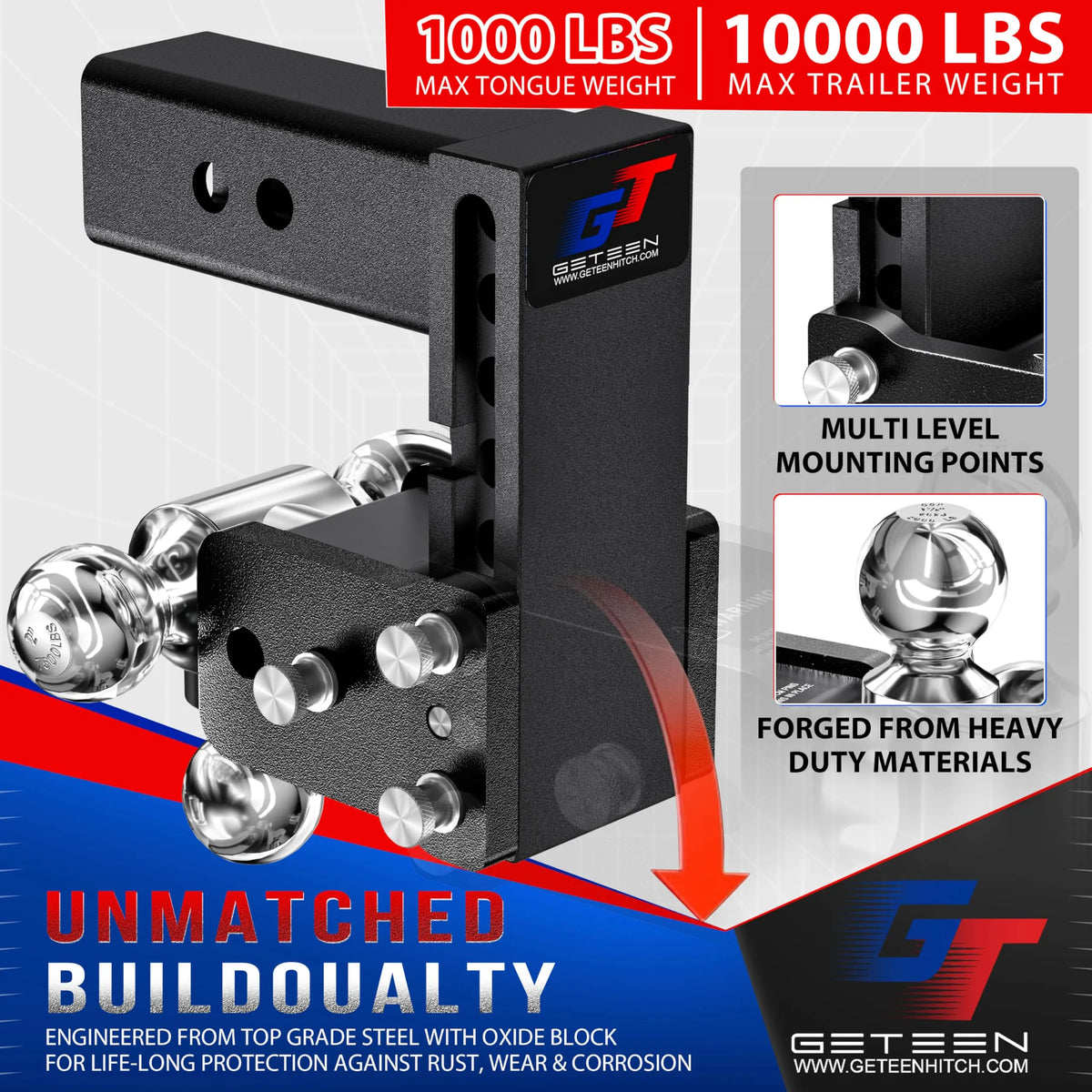 GETEEN Adjustable Drop Hitch, 2" Receiver, Tri-Ball, 7" Drop, 10,000 lbs