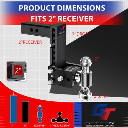 GETEEN Adjustable Drop Hitch, 2" Receiver, Dual Ball, 7" Drop, 10,000 lbs